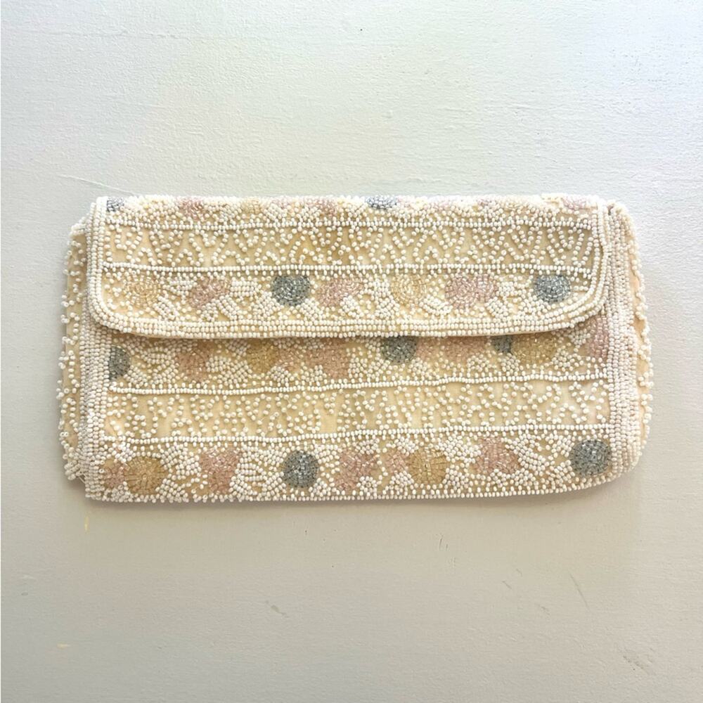 VINTAGE Walborg Handmade Beaded White and Pastel Clutch Purse